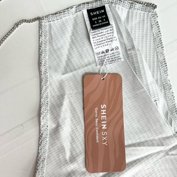 New SHEIN Backless Ruched Bandana Chain Metallic Halter Rhinestone Top SIZE S - Picture 5 of 5